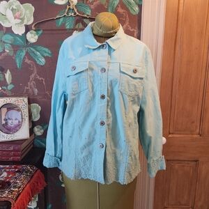 JM Collection Light Blue Denim Jacket Size 14 | Embroidered Eyelet Hem | Romanti